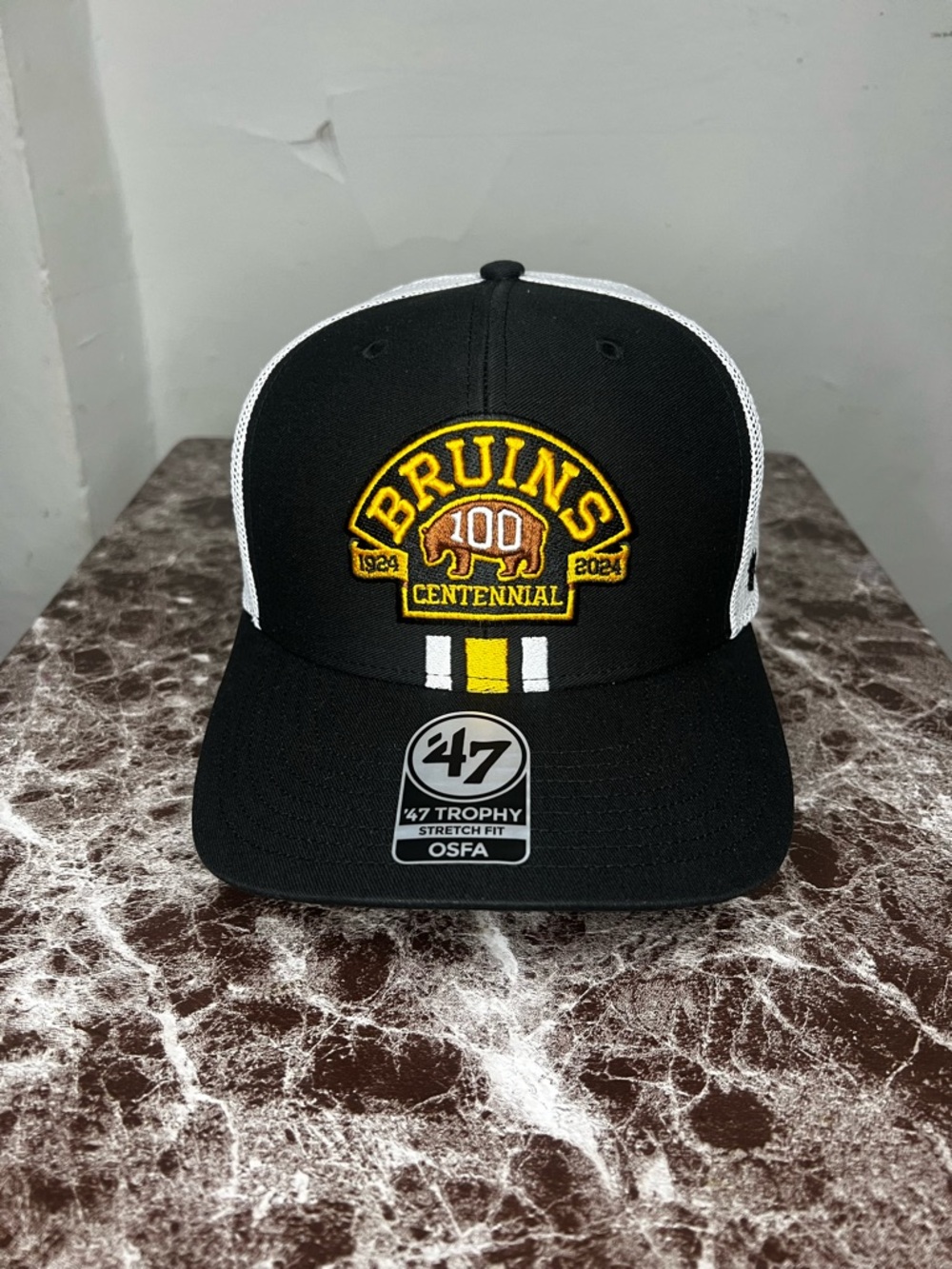47 Bruins Centennial Black, White & Yellow Mesh Snapback Hat